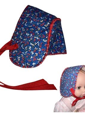 Vintage Blue Floral Baby Doll Bonnet with Red Trim